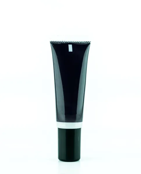 Tubo de creme preto em branco ou garrafa cosmética isolada em fundo branco - Black Clean Tube Of Cream - close up de recipiente de higiene de beleza em fundo branco — Fotografia de Stock