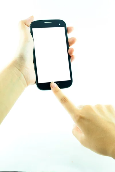 Cell phone with touchscreen in female hand on white background - female hand is holding a modern touch screen phone - blank white screen — Stock Photo, Image