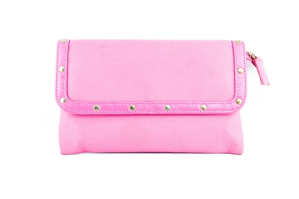 白色的背景-离合器袋上孤立的化妆袋-粉红色化妆品袋 — 图库照片
