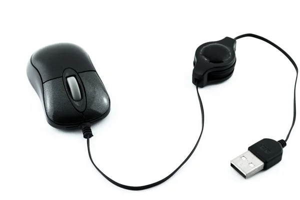 Mouse nero del computer laser con filo usb isolato su sfondo bianco — Foto Stock