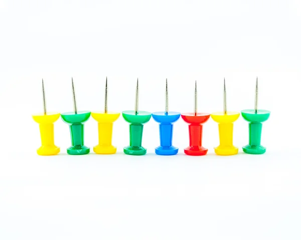 Pins in different colors - collection of various pushpins on white background — Stock Photo, Image