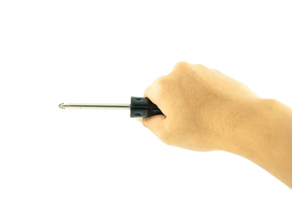 Hand holding black used screwdriver isolated on white background — Stock Photo, Image