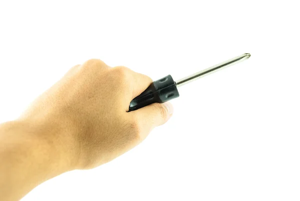 Hand holding black used screwdriver isolated on white background — Stock Photo, Image