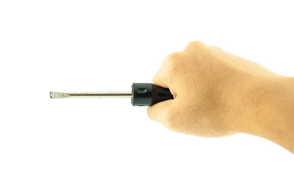 Hand holding black used screwdriver isolated on white background — Stock Photo, Image