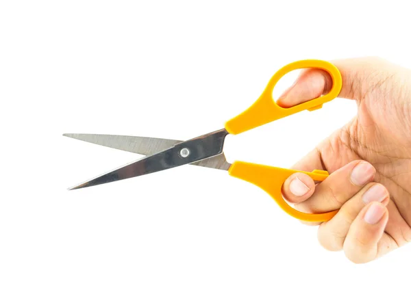 Hand holding used orange scissor, isolated on white background — Stock Photo, Image