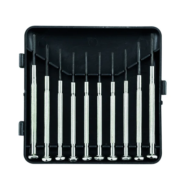Set destornillador en caja negra aislado sobre fondo blanco — Foto de Stock
