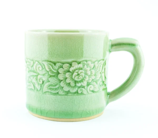 Green tea cup with flower pattern isolated on white background — Stock Photo, Image