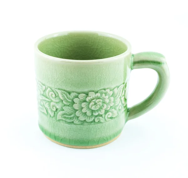 Green tea cup with flower pattern isolated on white background — Stock Photo, Image