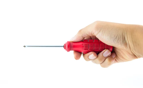 Mão segurando chave de fenda usada vermelha isolada no fundo branco — Fotografia de Stock