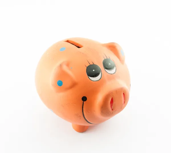 Glimlach piggy bank of spaarpot geïsoleerd op witte achtergrond — Stockfoto