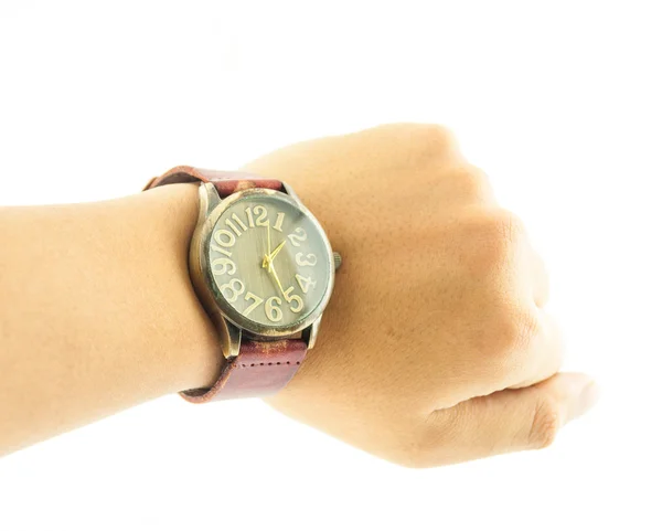 买古董级手表在手腕上的一只手戴着一个黑色的手表 — 图库照片