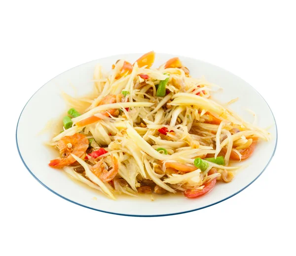 Insalata di papaya (Som Tam) Cucina tailandese piccante deliziosa sul bianco — Foto Stock