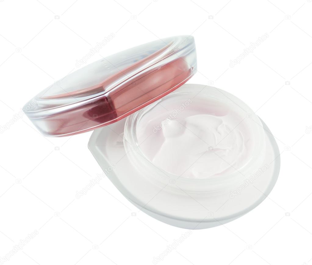 Opened plastic container with face cream isolated on white