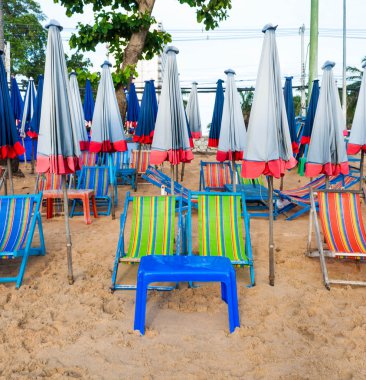 Plajda plaj sandalyeleri ve şemsiye