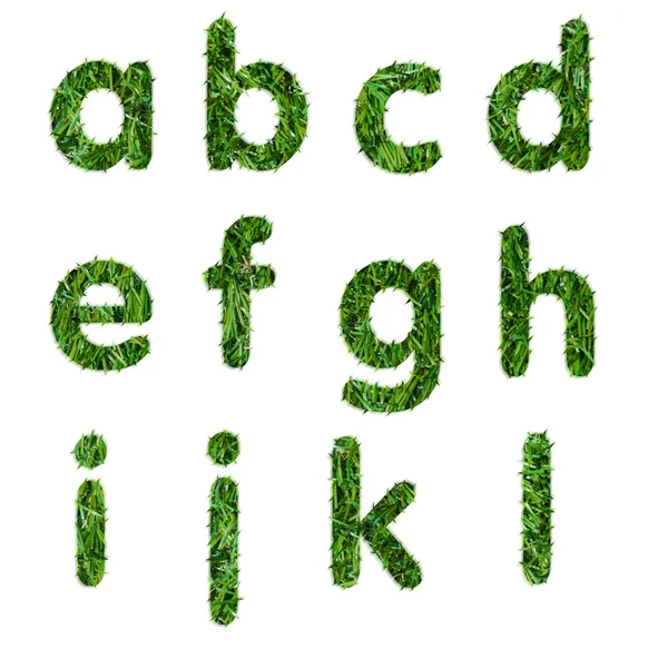 a, b, c, d, e, f, g, h, i, j, k, yeşil çimen imal l Beyaz izole harfler