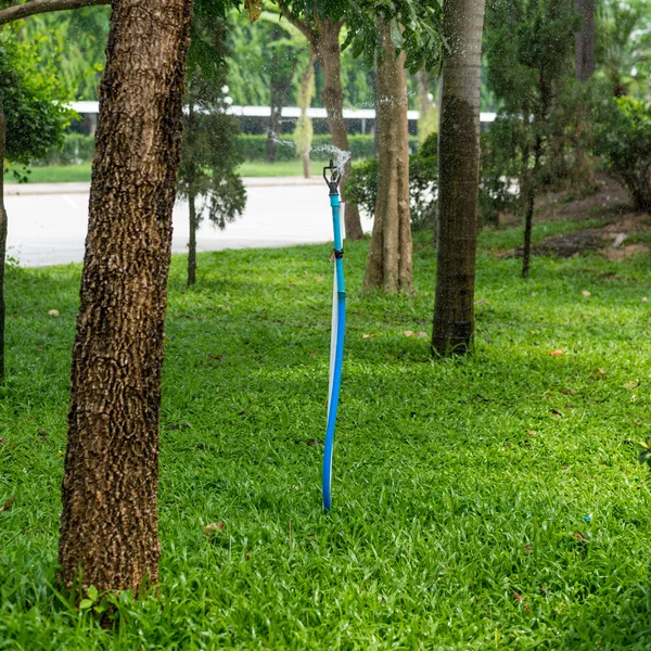 Aspersor automático pulverizando água no jardim de grama verde — Fotografia de Stock