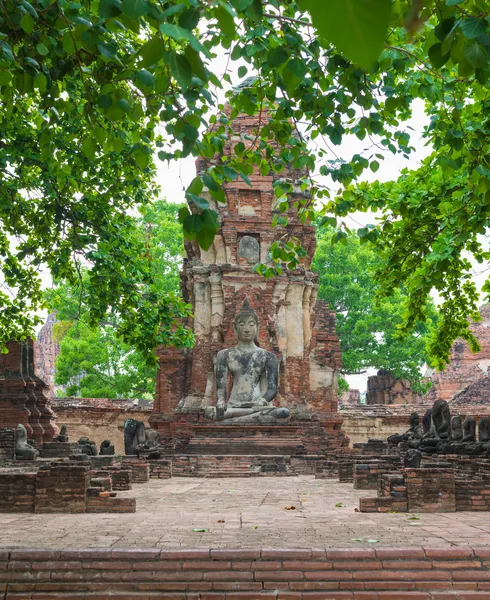 Statua Buddha con foglie in primo piano - Ayutthaya, Thailandia — Foto Stock