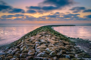Wadden Denizi 'ndeki taş iskele alçak gelgit sırasında çamurlu düzlüklerin kuruması için.