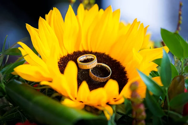 Sarı Gelin Buketinde Alyanslar Aşk Ilanı Bahar Düğün Kartı Sevgililer — Stok fotoğraf