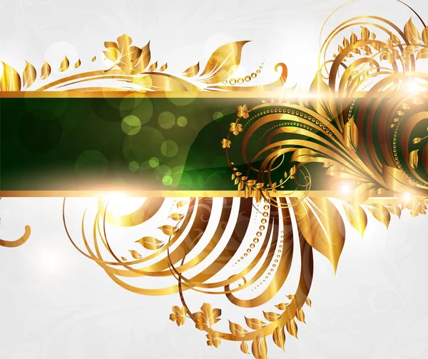 Jarní zelené Zlatá karta s bezproblémovou ornament na pozadí a slunce svítí — Stockový vektor