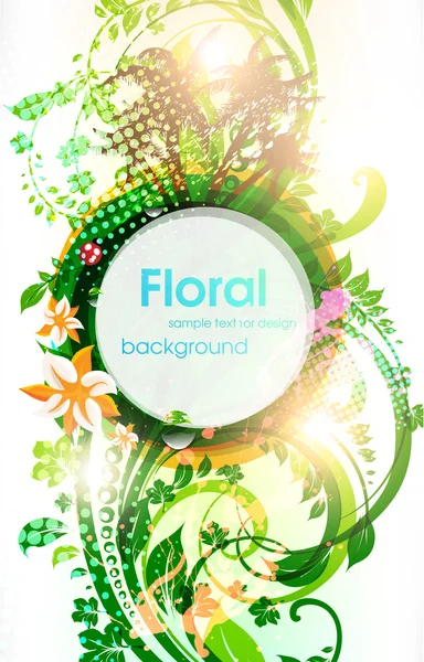 Fondo abstracto vectorial floral de verano con flores, sol, palmeras y mariquitas — Vector de stock