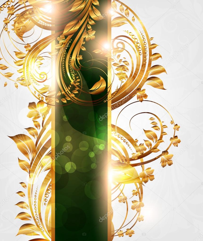 Spring green golden card with seamless ornament at background and sun shine