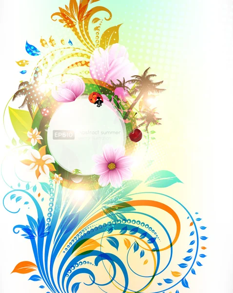 Fondo de verano floral vector abstracto con flores, sol, mariquita, cereza y palmeras — Vector de stock