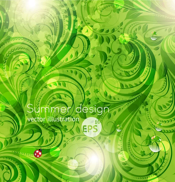 Resumen brillante verano vector floral fondo con flores, mariquita y sol brillan — Vector de stock