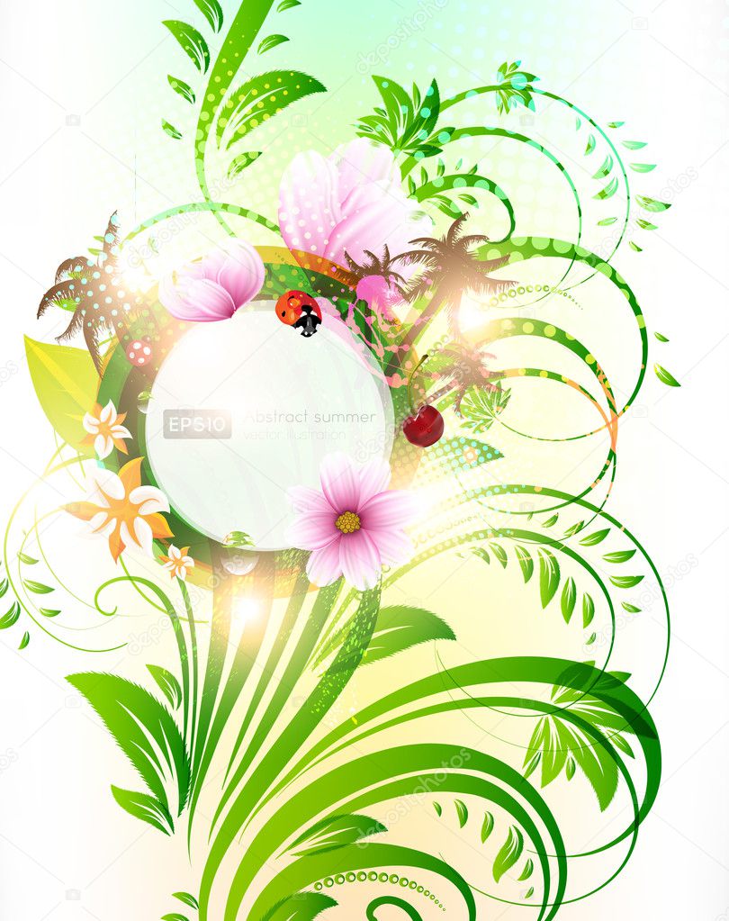 Abstract vector floral summer background with flowers, sun, ladybird, cherry and palms