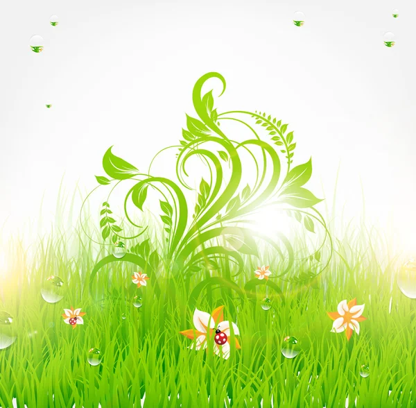 Fondo de pantalla de hierba vector de verano con flores, mariquita, gotas y sol brillan — Vector de stock