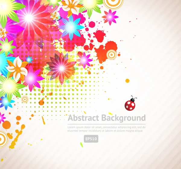 Abstract vector floral summer background with flowers, sun, ladybird, cherry — Stock Vector