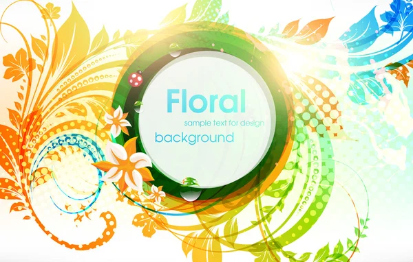 Vector abstracto fondo de verano floral con flores, sol y mariquita — Vector de stock