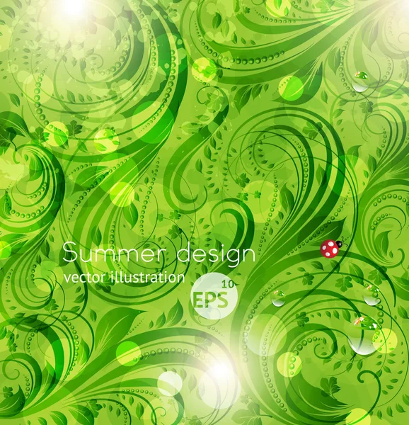 Resumen brillante verano o verano vector fondo floral con flores, mariquita y sol brillan — Vector de stock