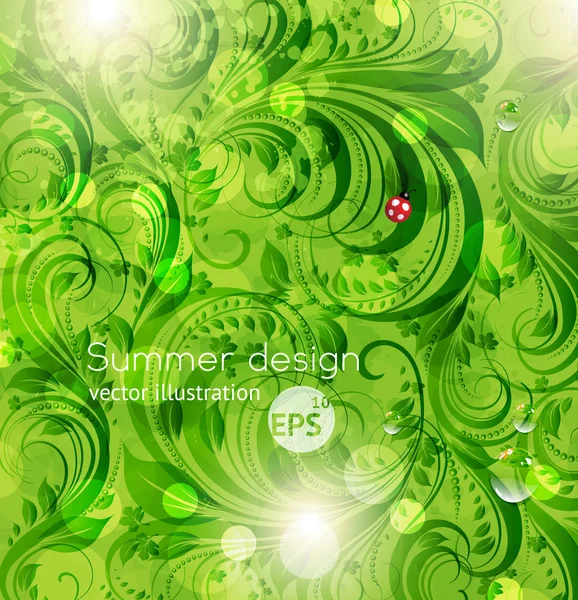 Abstrakte helle Sommer oder Sommer Vektor floralen Hintergrund mit Blumen, Marienkäfer und Sonnenschein — Stockvektor
