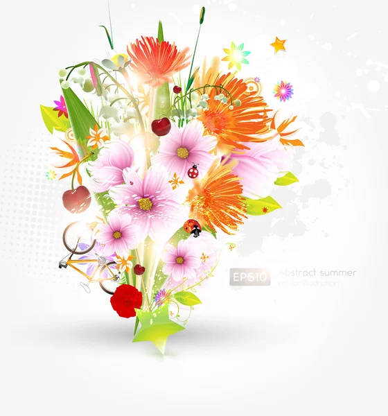 Abstract vector floral summer background with flowers, sun, ladybird, cherry — Stock Vector