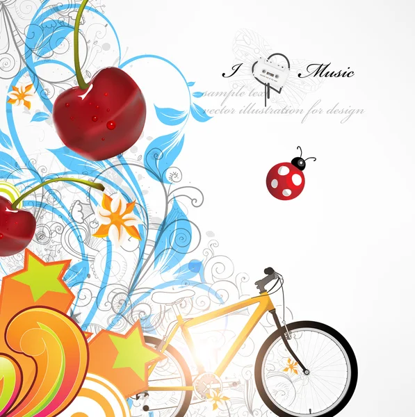 Banner de hierba de verano con flores, mariquita, gotas, sol y bicicleta . — Vector de stock