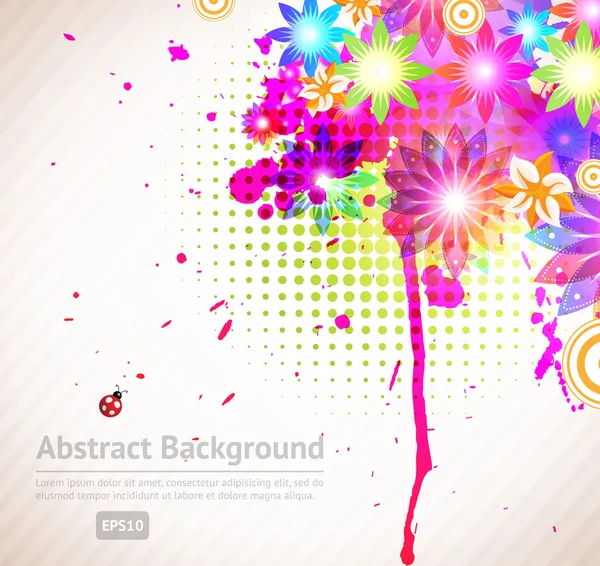 Abstraktní vektorová letní květinové pozadí s květinami, slunce, beruška, třešeň — Stockový vektor
