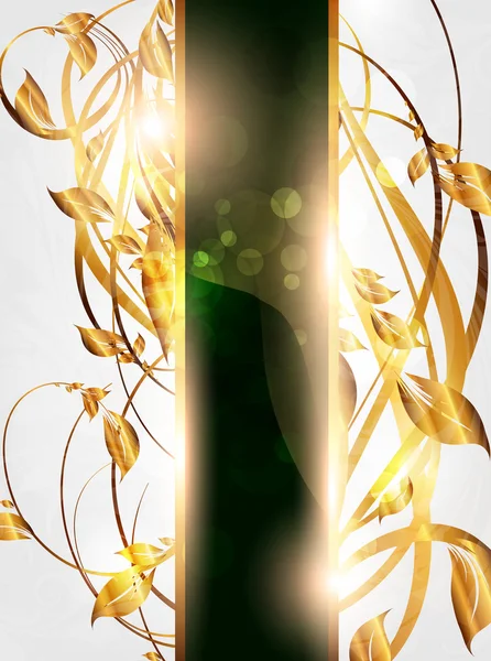 Frühling grüne goldene Karte mit nahtlosem Ornament im Hintergrund und Sonnenschein — Stockvektor