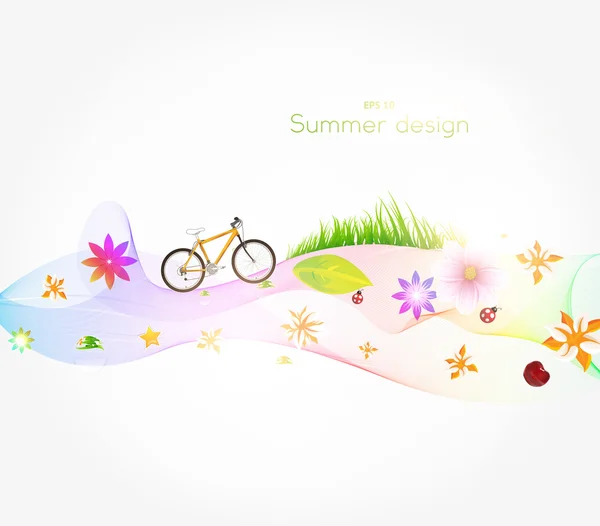 Barevné jaro banner s trávou, květiny, kolo, třešeň a berušky. — Stockový vektor