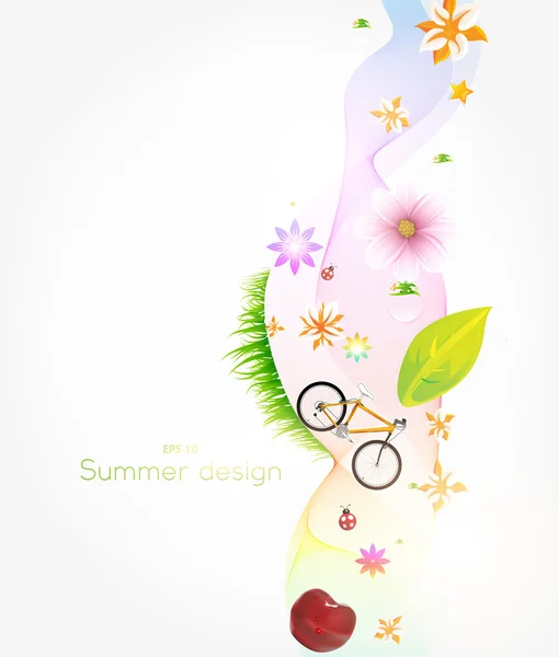 Banner de primavera colorido con hierba, flores, bicicleta, cereza y mariquitas . — Vector de stock