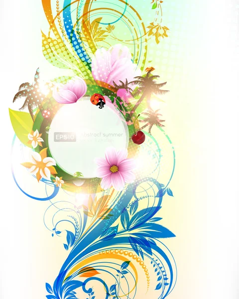 花、太陽、テントウムシ、チェリー、ヤシの木と抽象的なベクトル花夏の背景 — ストックベクタ