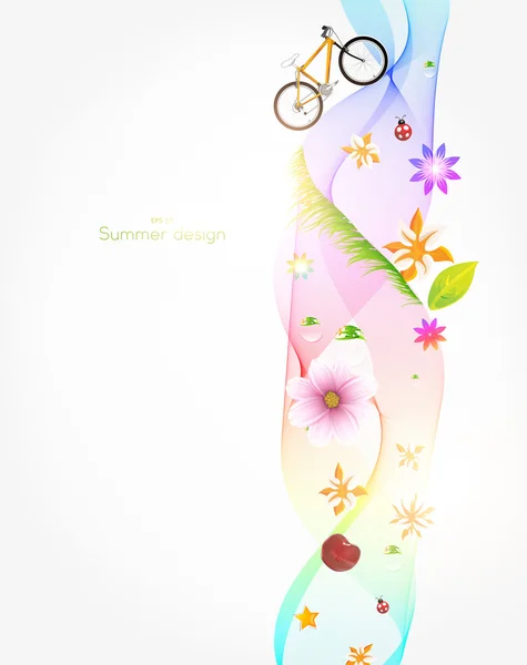 Colorful spring banner with grass, flowers, bike, cherry and ladybirds. — Stock Vector