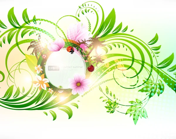 Abstract vector floral summer background with flowers, sun, ladybird, cherry and palms — Stock Vector