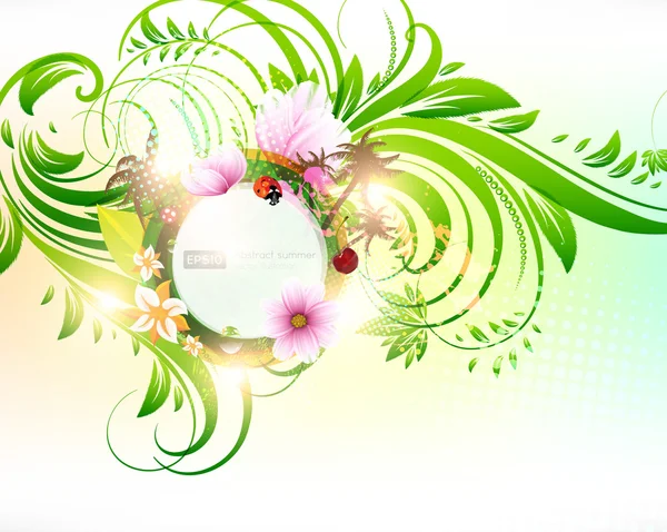 Abstract vector bloemen zomer achtergrond met bloemen, zon, lieveheersbeestje, kers en palmen — Stockvector