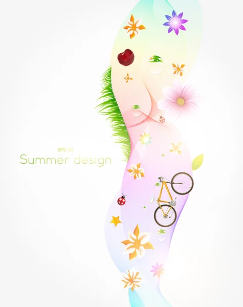 Banner de primavera colorido con hierba, flores, bicicleta, cereza y mariquitas . — Archivo Imágenes Vectoriales