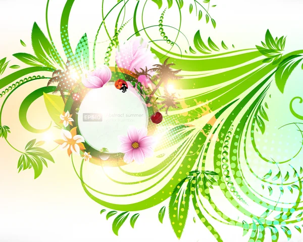 Fondo de verano floral vector abstracto con flores, sol, mariquita, cereza y palmeras — Vector de stock