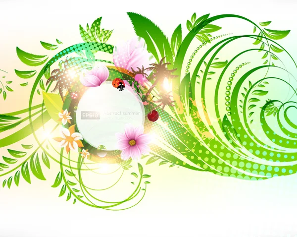Αφηρημένη διάνυσμα φόντο floral καλοκαίρι με λουλούδια, ήλιο, πασχαλίτσα, κεράσι και παλάμες — Διανυσματικό Αρχείο