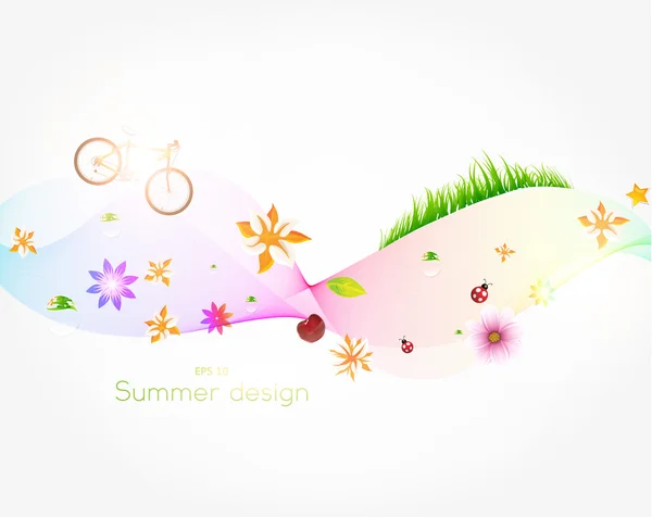 Banner de primavera colorido con hierba, flores, bicicleta, cereza y mariquitas . — Vector de stock