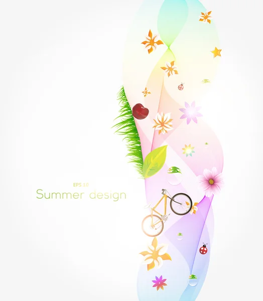Banner de primavera colorido con hierba, flores, bicicleta, cereza y mariquitas . — Vector de stock