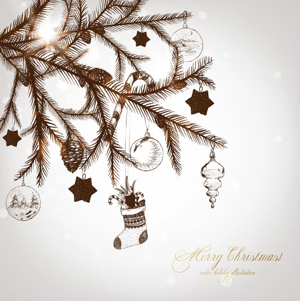 クリスマス手描きクリスマス デザインの毛皮ツリー。ボール、おもちゃ、fir コーン. — ストックベクタ